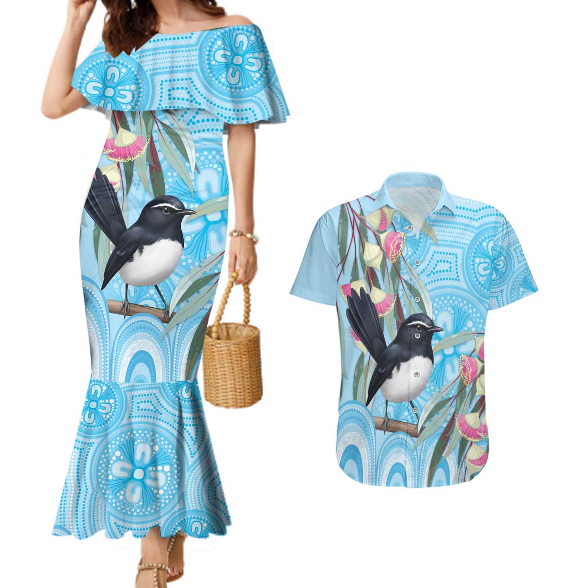 Willie wagtail Australia Couples Matching Mermaid Dress and Hawaiian Shirt Eucalyptus Blossoms Aboriginal Art - Aussie Hoodie