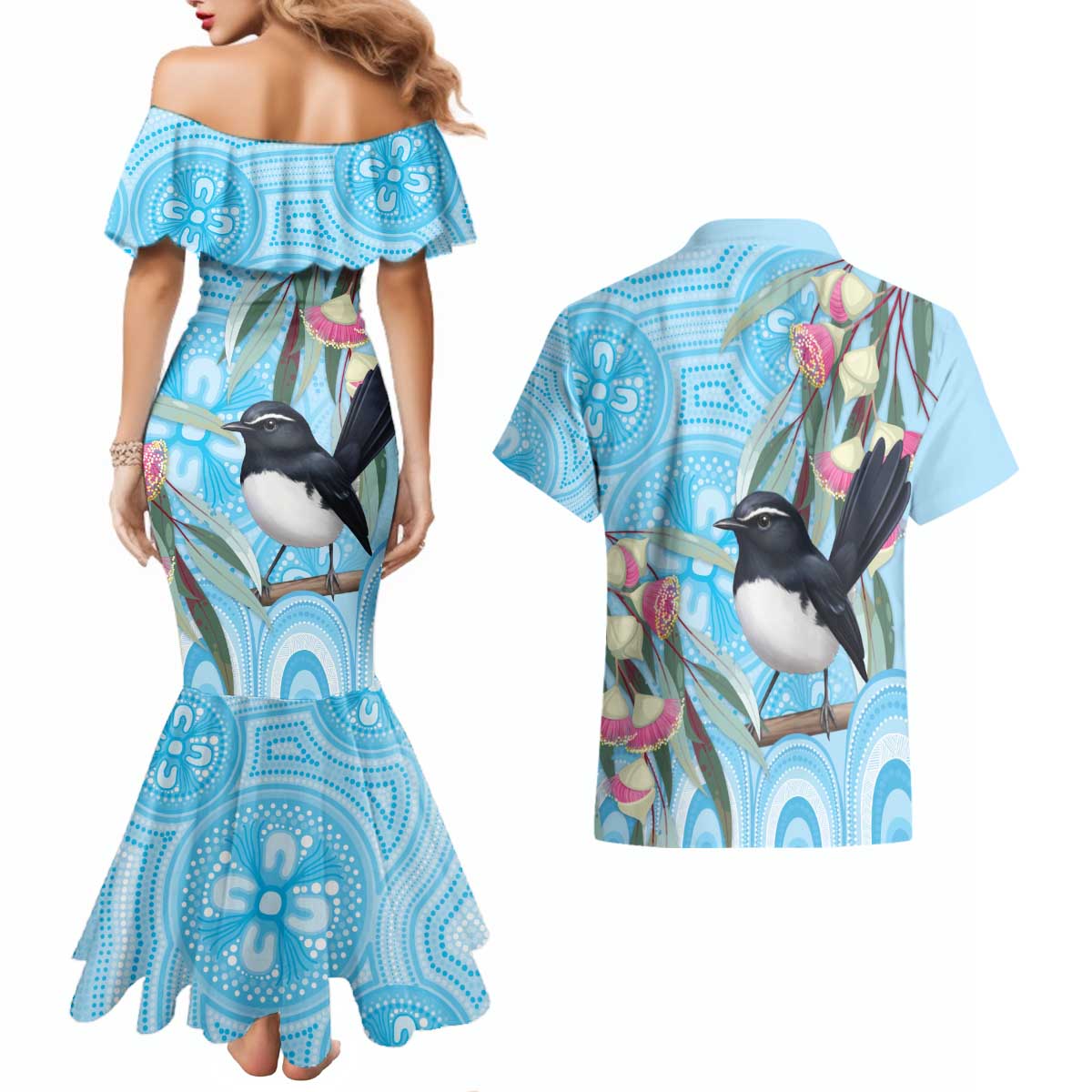 Willie wagtail Australia Couples Matching Mermaid Dress and Hawaiian Shirt Eucalyptus Blossoms Aboriginal Art - Aussie Hoodie