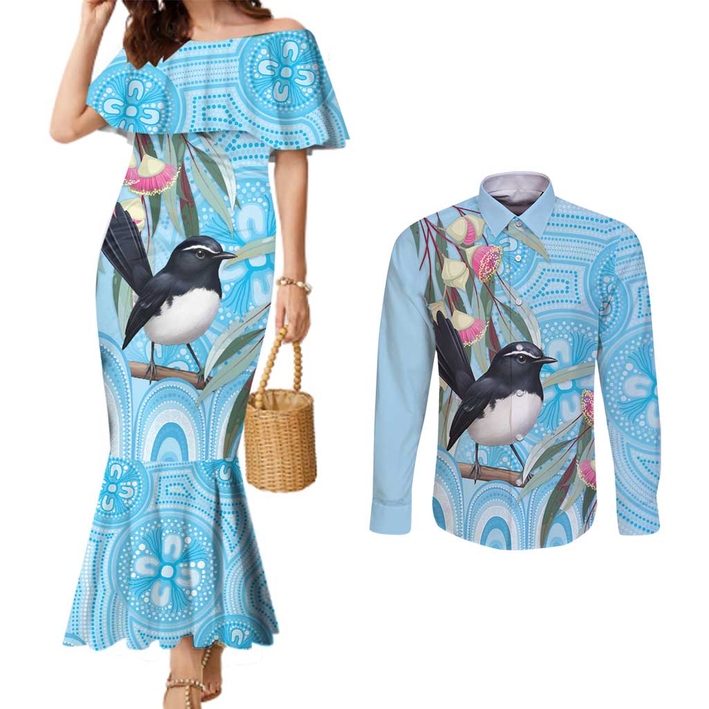 Willie wagtail Australia Couples Matching Mermaid Dress and Long Sleeve Button Shirt Eucalyptus Blossoms Aboriginal Art - Aussie Hoodie
