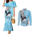 Willie wagtail Australia Couples Matching Mermaid Dress and Long Sleeve Button Shirt Eucalyptus Blossoms Aboriginal Art - Aussie Hoodie