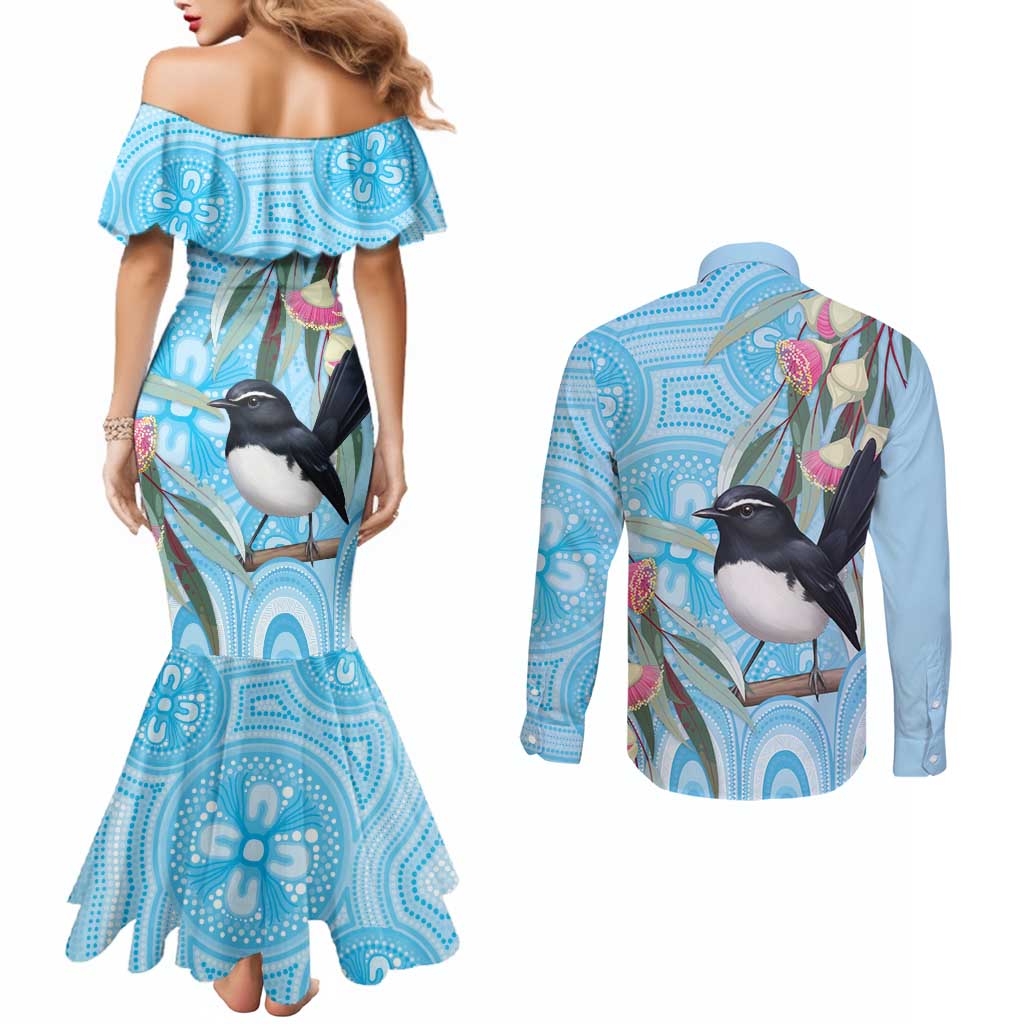 Willie wagtail Australia Couples Matching Mermaid Dress and Long Sleeve Button Shirt Eucalyptus Blossoms Aboriginal Art - Aussie Hoodie