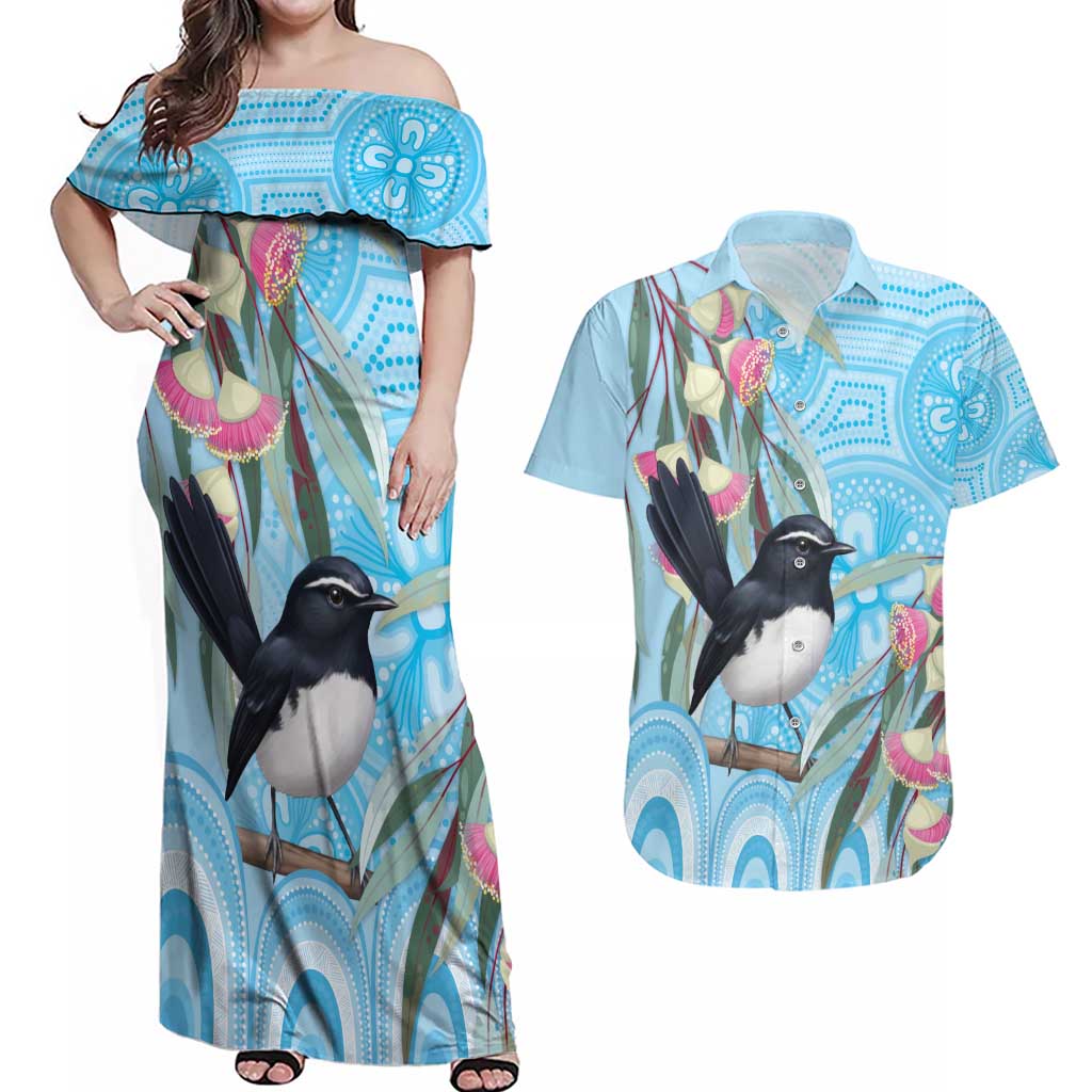 Willie wagtail Australia Couples Matching Off Shoulder Maxi Dress and Hawaiian Shirt Eucalyptus Blossoms Aboriginal Art - Aussie Hoodie