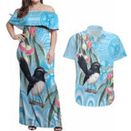 Willie wagtail Australia Couples Matching Off Shoulder Maxi Dress and Hawaiian Shirt Eucalyptus Blossoms Aboriginal Art - Aussie Hoodie