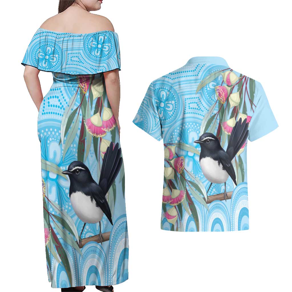 Willie wagtail Australia Couples Matching Off Shoulder Maxi Dress and Hawaiian Shirt Eucalyptus Blossoms Aboriginal Art - Aussie Hoodie