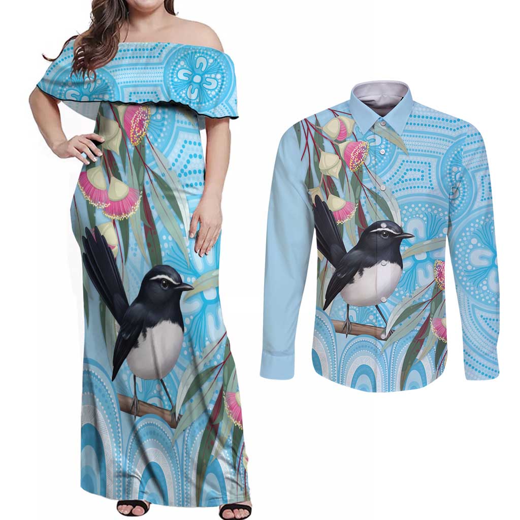 Willie wagtail Australia Couples Matching Off Shoulder Maxi Dress and Long Sleeve Button Shirt Eucalyptus Blossoms Aboriginal Art - Aussie Hoodie