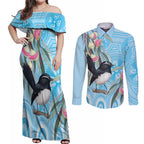 Willie wagtail Australia Couples Matching Off Shoulder Maxi Dress and Long Sleeve Button Shirt Eucalyptus Blossoms Aboriginal Art - Aussie Hoodie