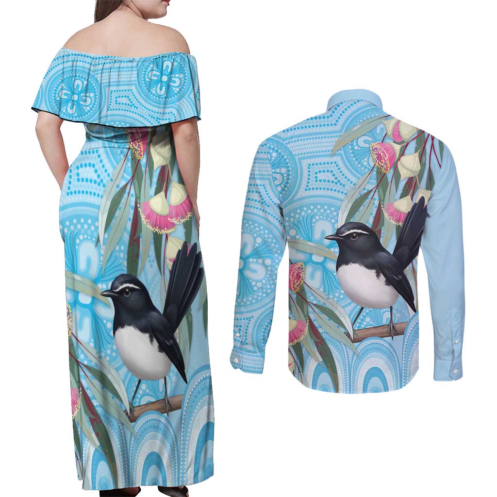 Willie wagtail Australia Couples Matching Off Shoulder Maxi Dress and Long Sleeve Button Shirt Eucalyptus Blossoms Aboriginal Art - Aussie Hoodie