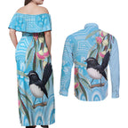 Willie wagtail Australia Couples Matching Off Shoulder Maxi Dress and Long Sleeve Button Shirt Eucalyptus Blossoms Aboriginal Art - Aussie Hoodie