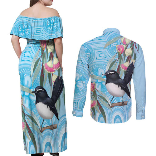 Willie wagtail Australia Couples Matching Off Shoulder Maxi Dress and Long Sleeve Button Shirt Eucalyptus Blossoms Aboriginal Art - Aussie Hoodie