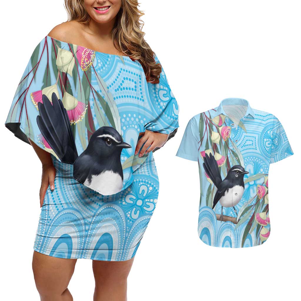 Willie wagtail Australia Couples Matching Off Shoulder Short Dress and Hawaiian Shirt Eucalyptus Blossoms Aboriginal Art - Aussie Hoodie