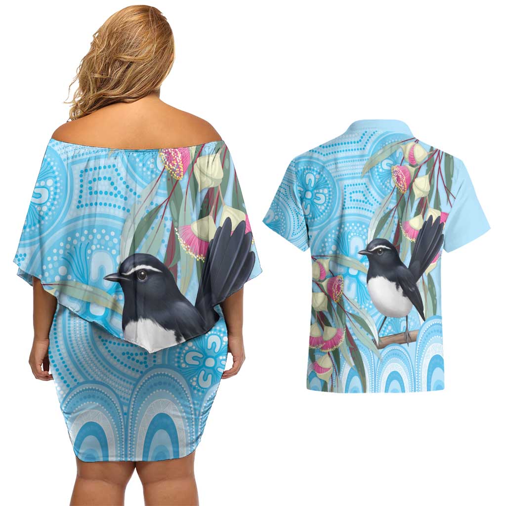 Willie wagtail Australia Couples Matching Off Shoulder Short Dress and Hawaiian Shirt Eucalyptus Blossoms Aboriginal Art - Aussie Hoodie