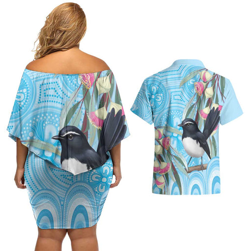 Willie wagtail Australia Couples Matching Off Shoulder Short Dress and Hawaiian Shirt Eucalyptus Blossoms Aboriginal Art - Aussie Hoodie