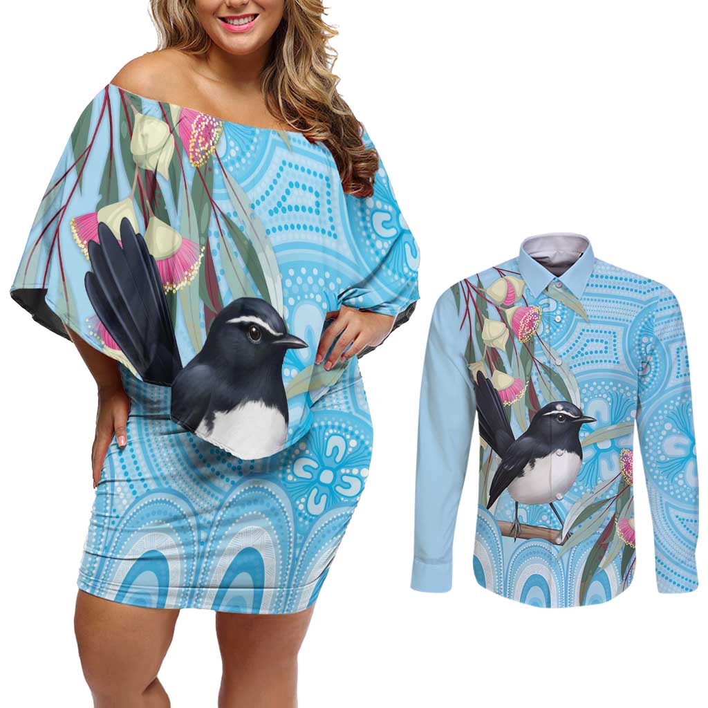 Willie wagtail Australia Couples Matching Off Shoulder Short Dress and Long Sleeve Button Shirt Eucalyptus Blossoms Aboriginal Art - Aussie Hoodie