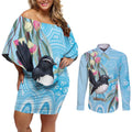 Willie wagtail Australia Couples Matching Off Shoulder Short Dress and Long Sleeve Button Shirt Eucalyptus Blossoms Aboriginal Art - Aussie Hoodie