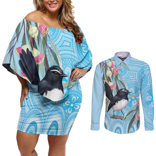 Willie wagtail Australia Couples Matching Off Shoulder Short Dress and Long Sleeve Button Shirt Eucalyptus Blossoms Aboriginal Art - Aussie Hoodie