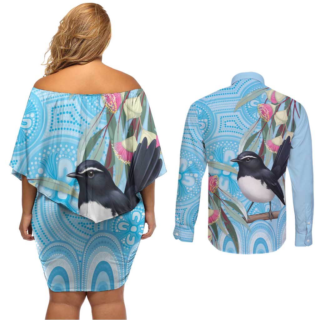 Willie wagtail Australia Couples Matching Off Shoulder Short Dress and Long Sleeve Button Shirt Eucalyptus Blossoms Aboriginal Art - Aussie Hoodie