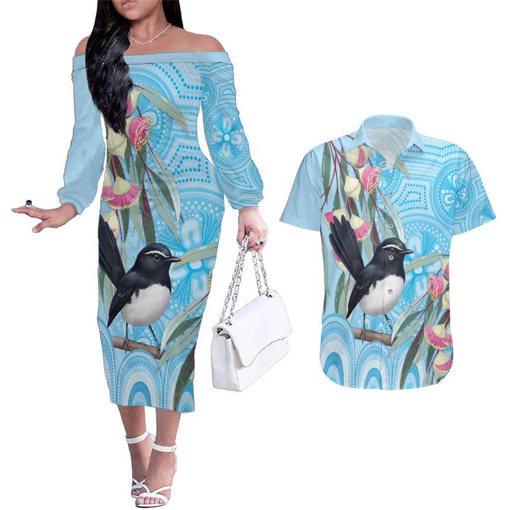 Willie wagtail Australia Couples Matching Off The Shoulder Long Sleeve Dress and Hawaiian Shirt Eucalyptus Blossoms Aboriginal Art - Aussie Hoodie