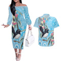 Willie wagtail Australia Couples Matching Off The Shoulder Long Sleeve Dress and Hawaiian Shirt Eucalyptus Blossoms Aboriginal Art - Aussie Hoodie