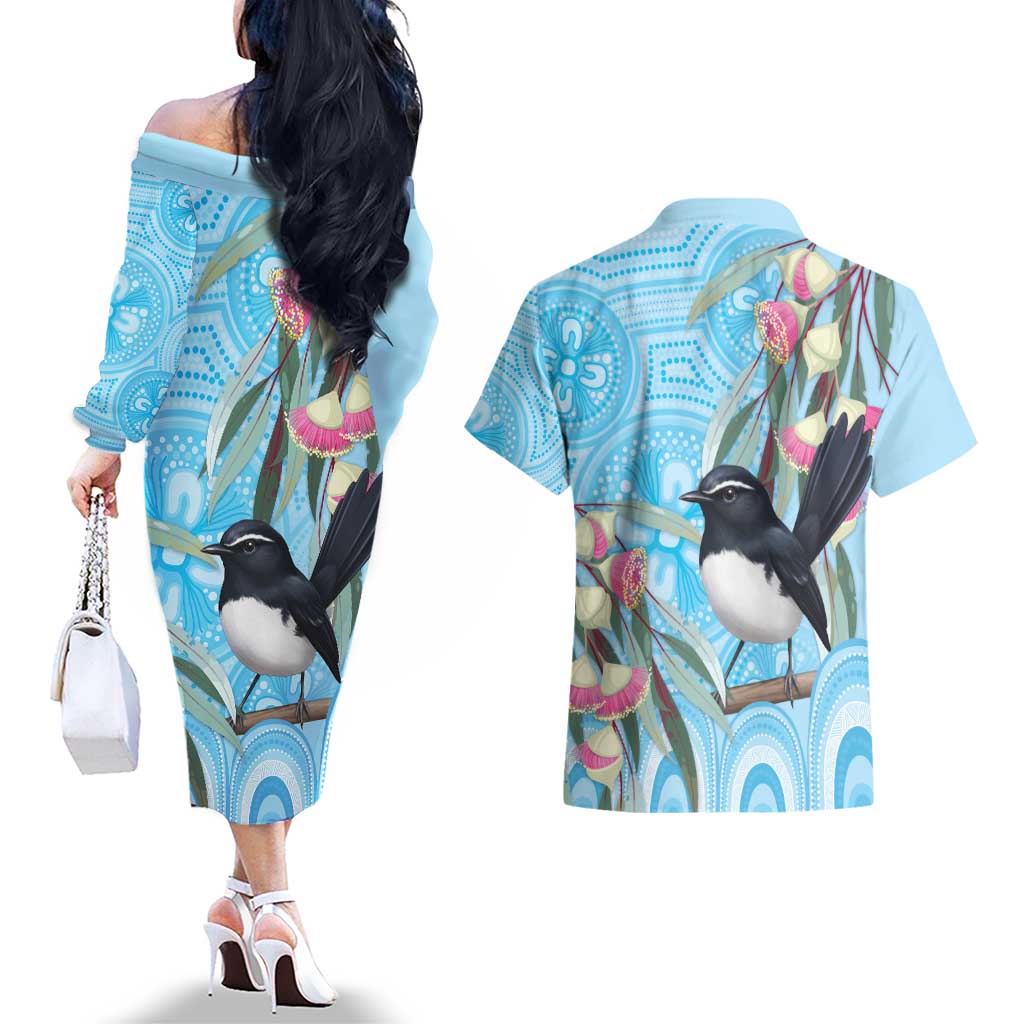Willie wagtail Australia Couples Matching Off The Shoulder Long Sleeve Dress and Hawaiian Shirt Eucalyptus Blossoms Aboriginal Art - Aussie Hoodie