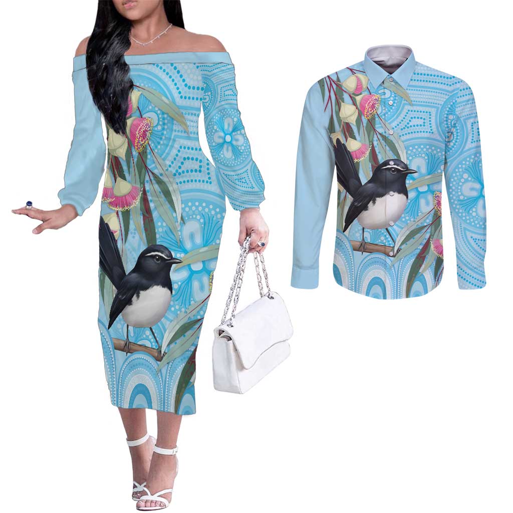 Willie wagtail Australia Couples Matching Off The Shoulder Long Sleeve Dress and Long Sleeve Button Shirt Eucalyptus Blossoms Aboriginal Art - Aussie Hoodie