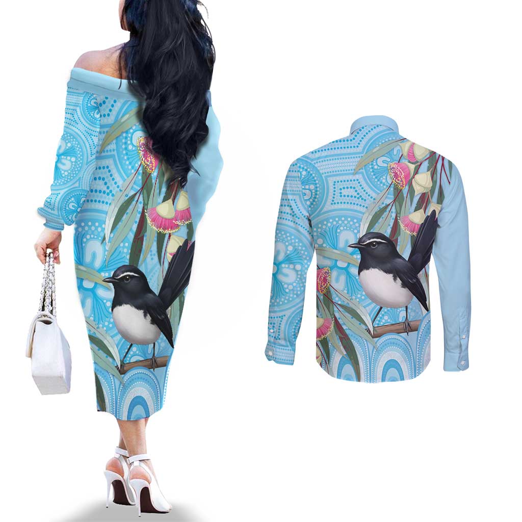 Willie wagtail Australia Couples Matching Off The Shoulder Long Sleeve Dress and Long Sleeve Button Shirt Eucalyptus Blossoms Aboriginal Art - Aussie Hoodie