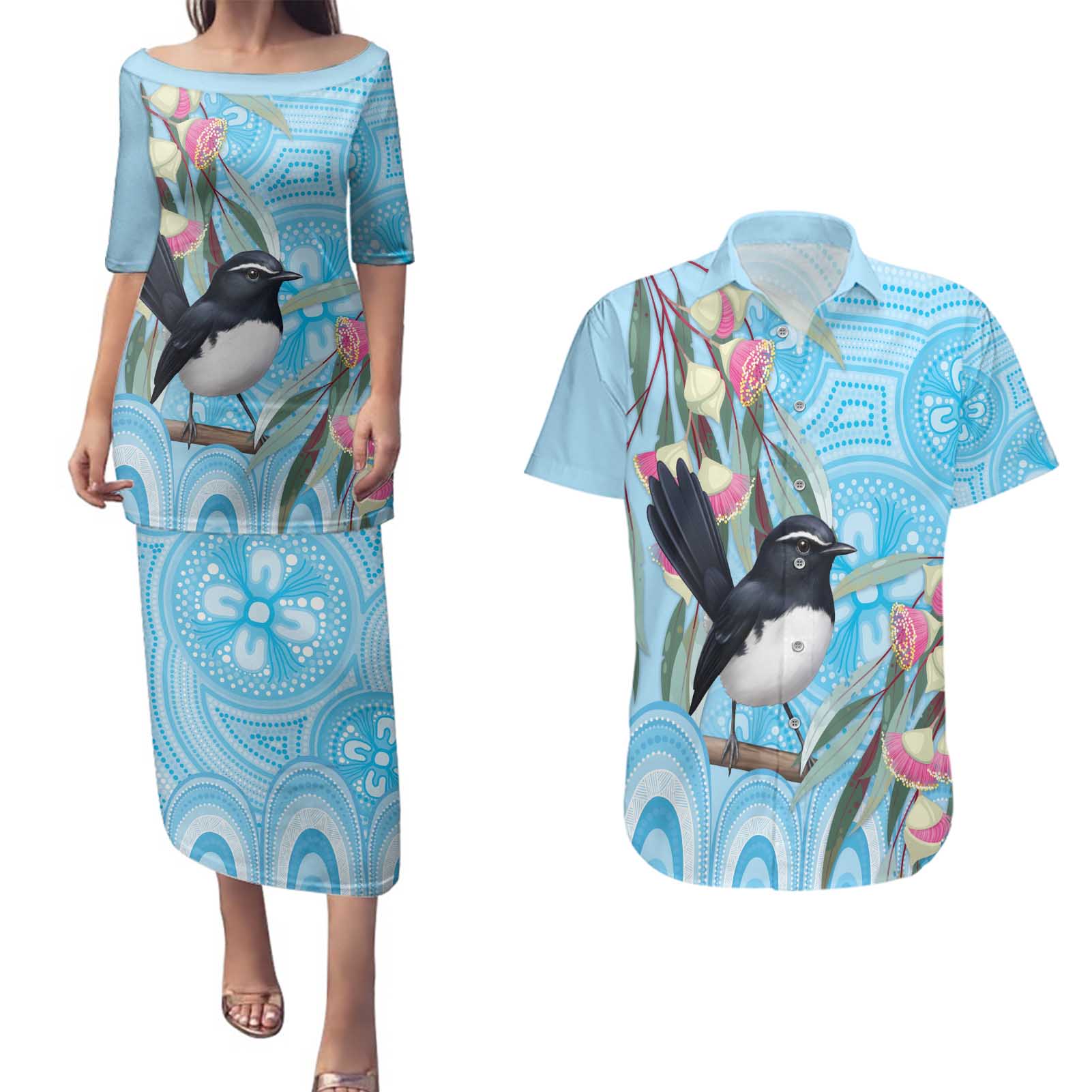 Willie wagtail Australia Couples Matching Puletasi and Hawaiian Shirt Eucalyptus Blossoms Aboriginal Art - Aussie Hoodie