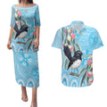 Willie wagtail Australia Couples Matching Puletasi and Hawaiian Shirt Eucalyptus Blossoms Aboriginal Art - Aussie Hoodie