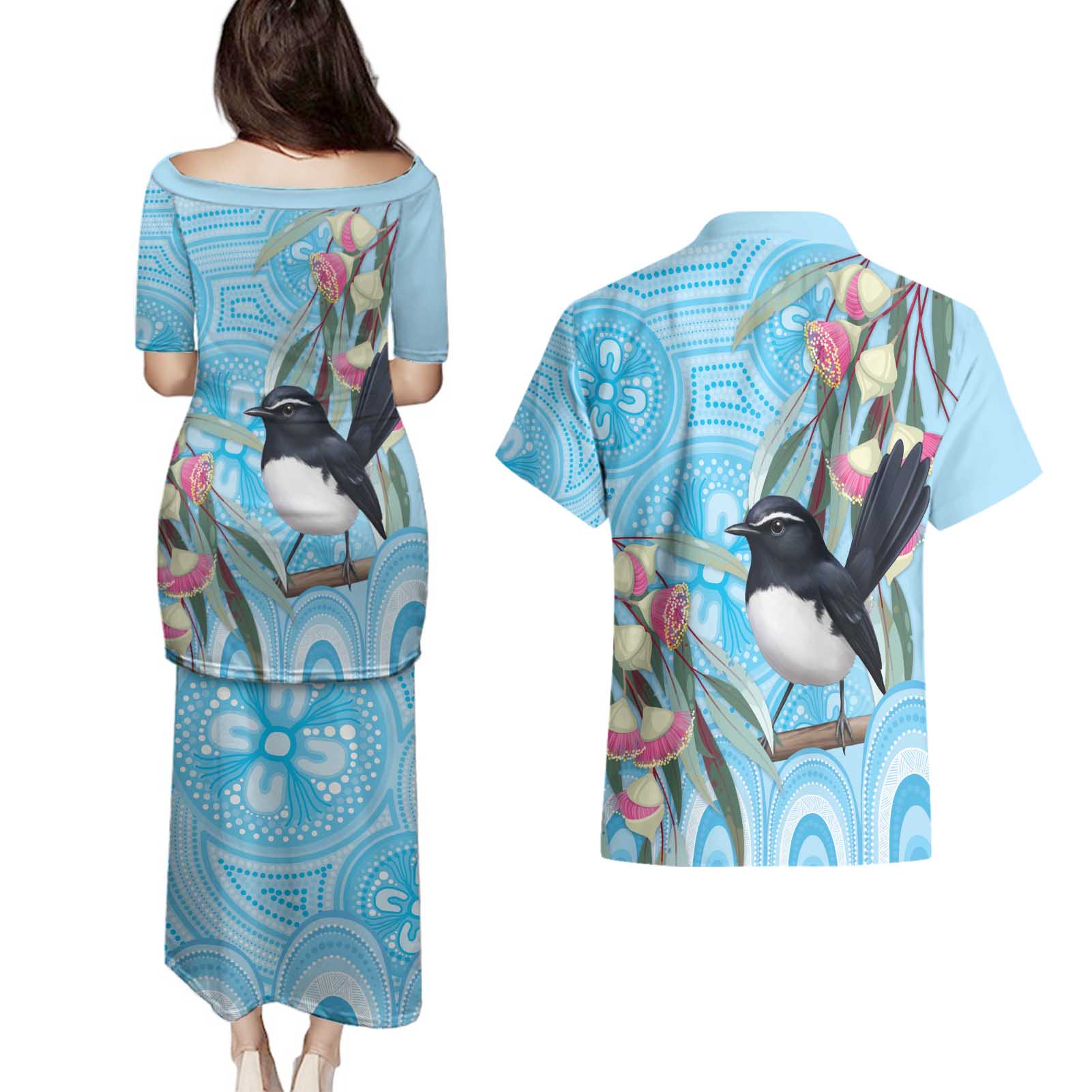 Willie wagtail Australia Couples Matching Puletasi and Hawaiian Shirt Eucalyptus Blossoms Aboriginal Art - Aussie Hoodie