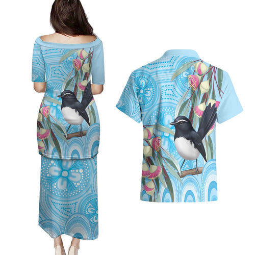 Willie wagtail Australia Couples Matching Puletasi and Hawaiian Shirt Eucalyptus Blossoms Aboriginal Art - Aussie Hoodie
