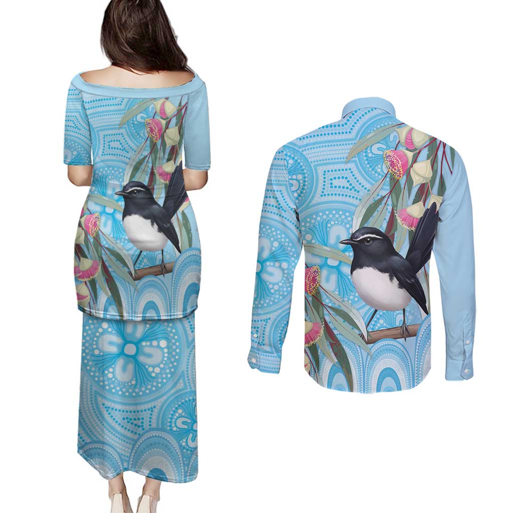 Willie wagtail Australia Couples Matching Puletasi and Long Sleeve Button Shirt Eucalyptus Blossoms Aboriginal Art - Aussie Hoodie