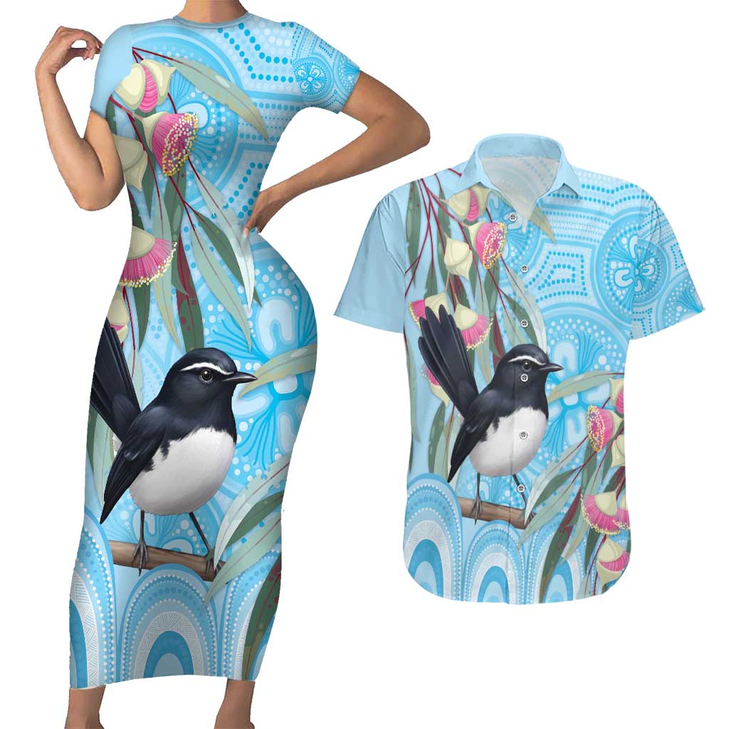 Willie wagtail Australia Couples Matching Short Sleeve Bodycon Dress and Hawaiian Shirt Eucalyptus Blossoms Aboriginal Art - Aussie Hoodie