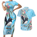 Willie wagtail Australia Couples Matching Short Sleeve Bodycon Dress and Hawaiian Shirt Eucalyptus Blossoms Aboriginal Art - Aussie Hoodie