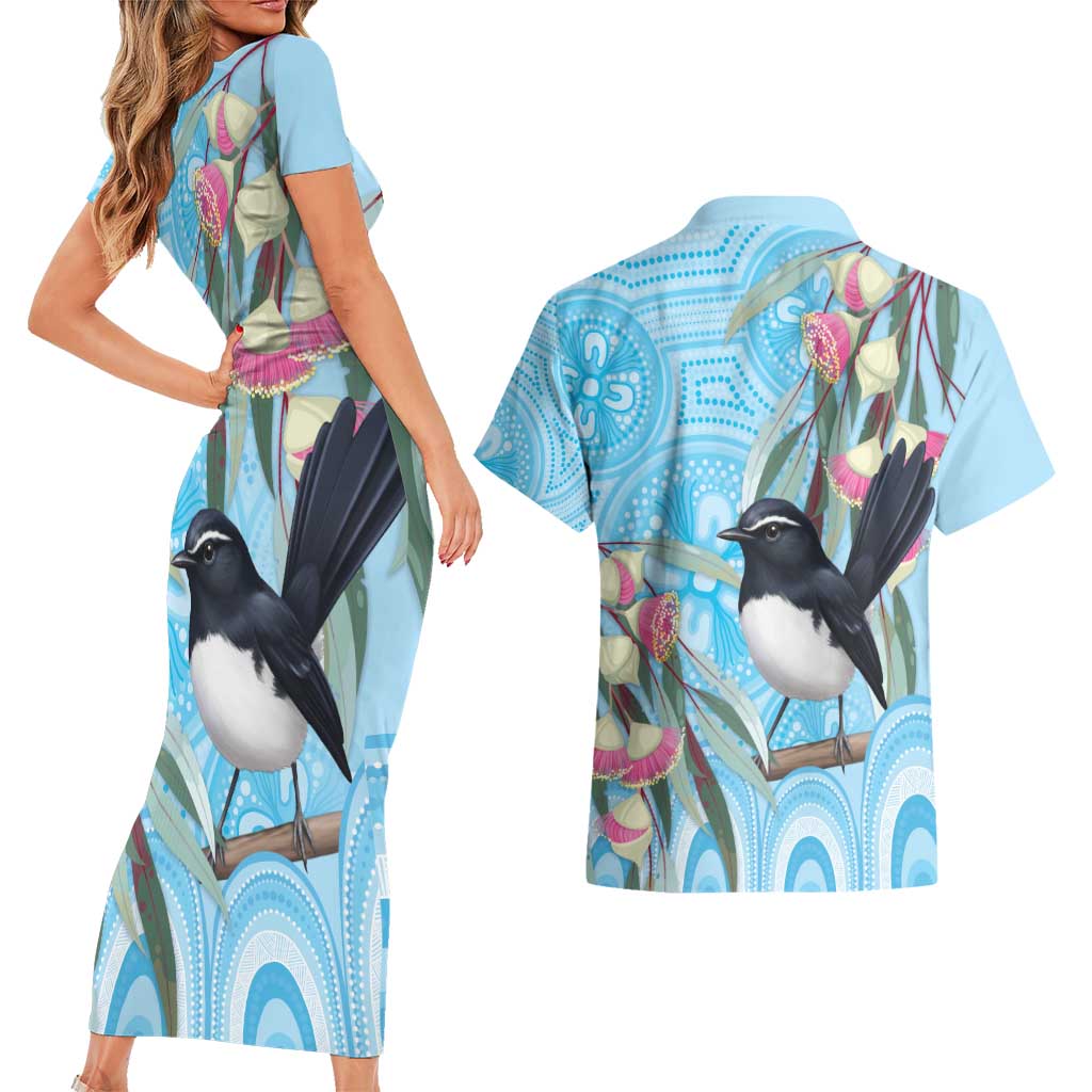 Willie wagtail Australia Couples Matching Short Sleeve Bodycon Dress and Hawaiian Shirt Eucalyptus Blossoms Aboriginal Art - Aussie Hoodie