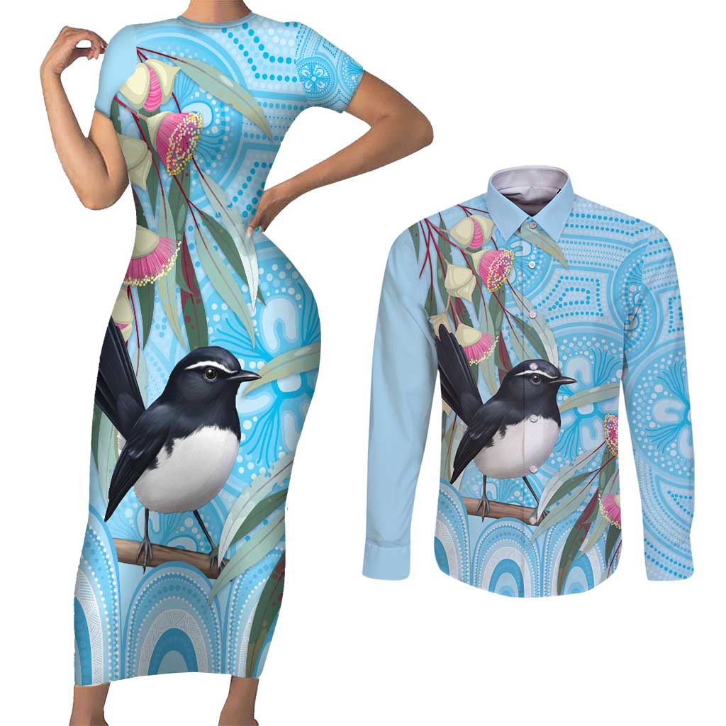Willie wagtail Australia Couples Matching Short Sleeve Bodycon Dress and Long Sleeve Button Shirt Eucalyptus Blossoms Aboriginal Art - Aussie Hoodie