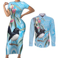 Willie wagtail Australia Couples Matching Short Sleeve Bodycon Dress and Long Sleeve Button Shirt Eucalyptus Blossoms Aboriginal Art - Aussie Hoodie