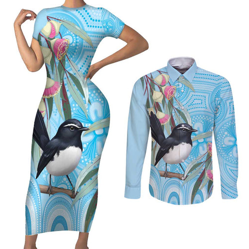 Willie wagtail Australia Couples Matching Short Sleeve Bodycon Dress and Long Sleeve Button Shirt Eucalyptus Blossoms Aboriginal Art - Aussie Hoodie