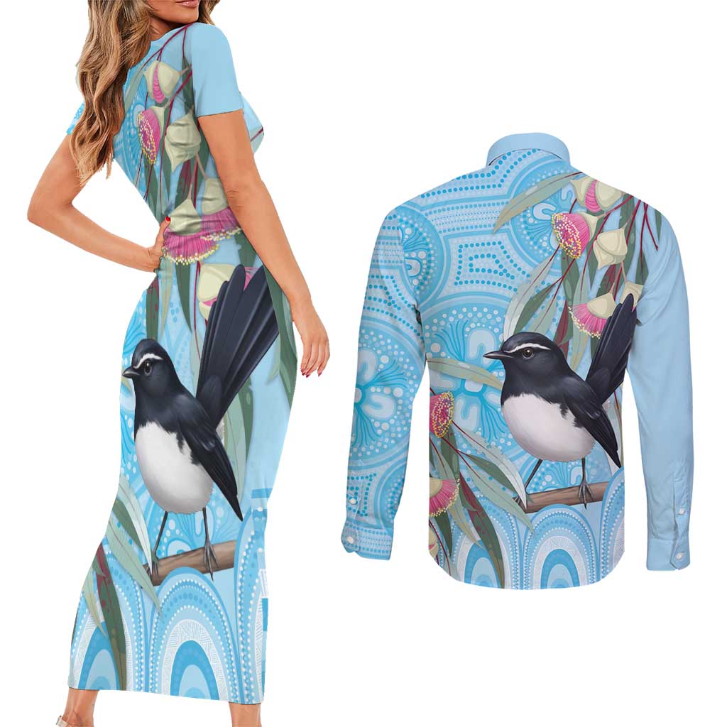 Willie wagtail Australia Couples Matching Short Sleeve Bodycon Dress and Long Sleeve Button Shirt Eucalyptus Blossoms Aboriginal Art - Aussie Hoodie