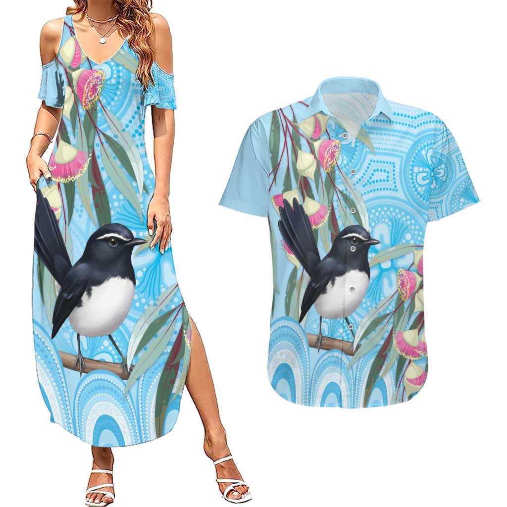 Willie wagtail Australia Couples Matching Summer Maxi Dress and Hawaiian Shirt Eucalyptus Blossoms Aboriginal Art - Aussie Hoodie