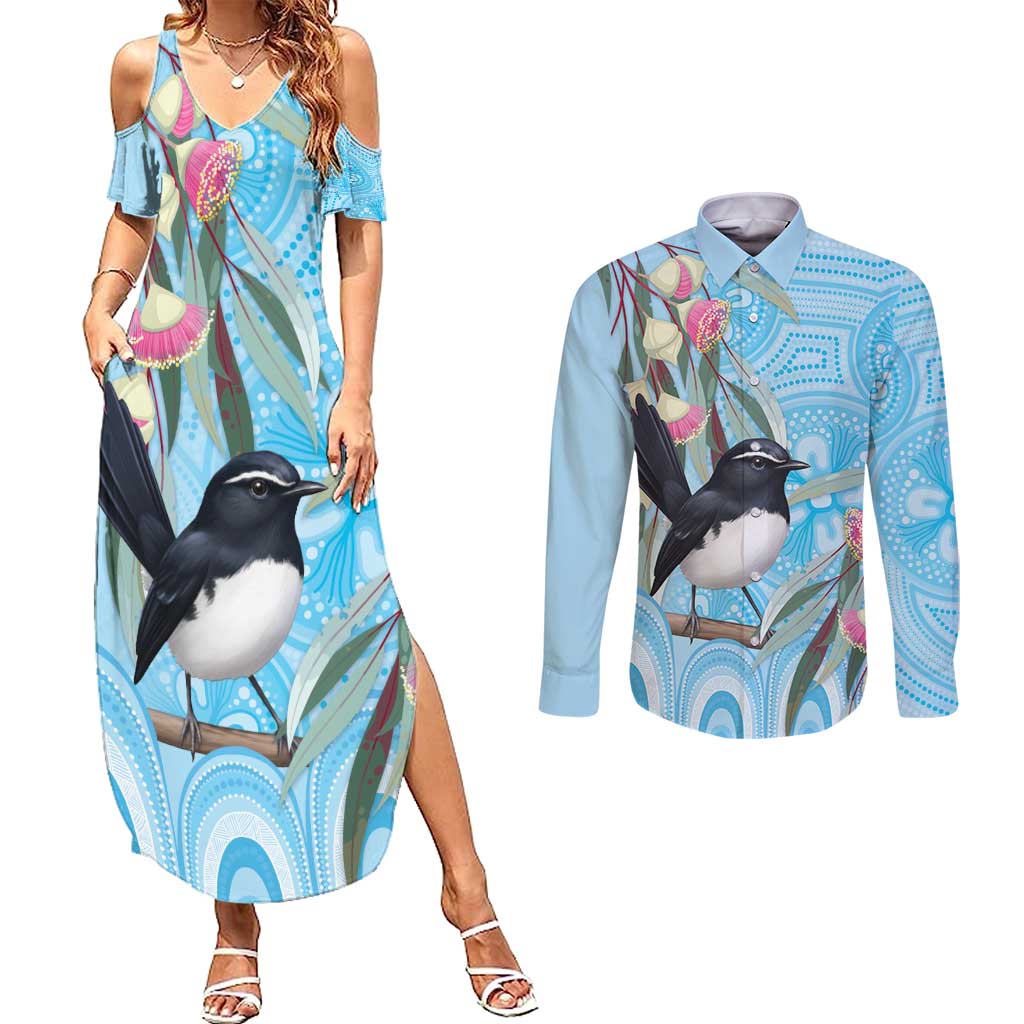 Willie wagtail Australia Couples Matching Summer Maxi Dress and Long Sleeve Button Shirt Eucalyptus Blossoms Aboriginal Art - Aussie Hoodie