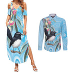 Willie wagtail Australia Couples Matching Summer Maxi Dress and Long Sleeve Button Shirt Eucalyptus Blossoms Aboriginal Art - Aussie Hoodie