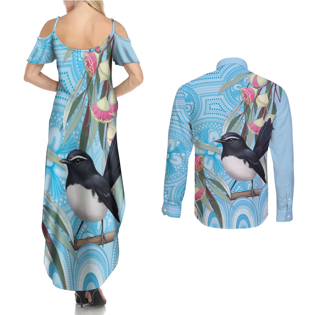 Willie wagtail Australia Couples Matching Summer Maxi Dress and Long Sleeve Button Shirt Eucalyptus Blossoms Aboriginal Art - Aussie Hoodie