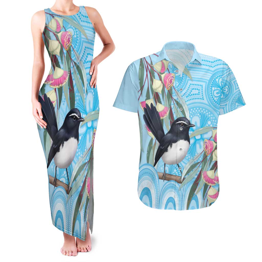 Willie wagtail Australia Couples Matching Tank Maxi Dress and Hawaiian Shirt Eucalyptus Blossoms Aboriginal Art - Aussie Hoodie
