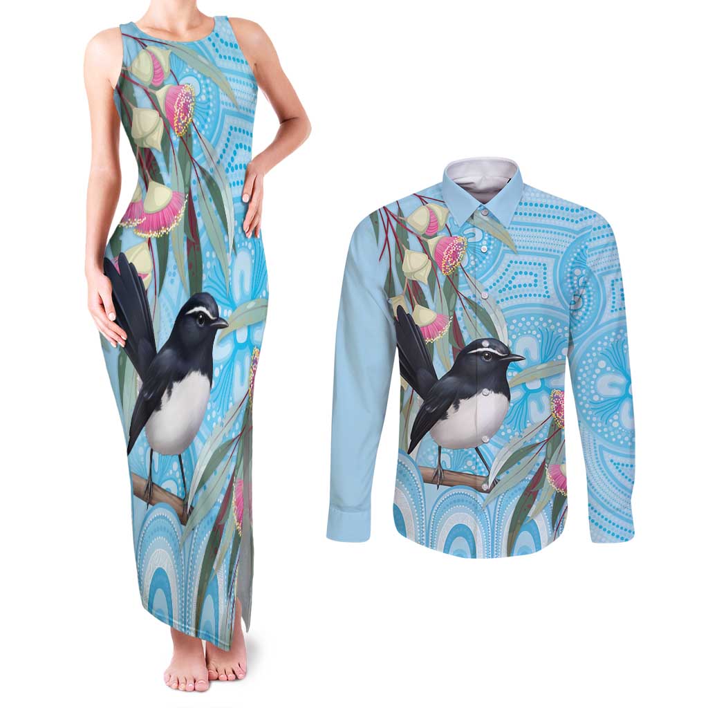 Willie wagtail Australia Couples Matching Tank Maxi Dress and Long Sleeve Button Shirt Eucalyptus Blossoms Aboriginal Art - Aussie Hoodie