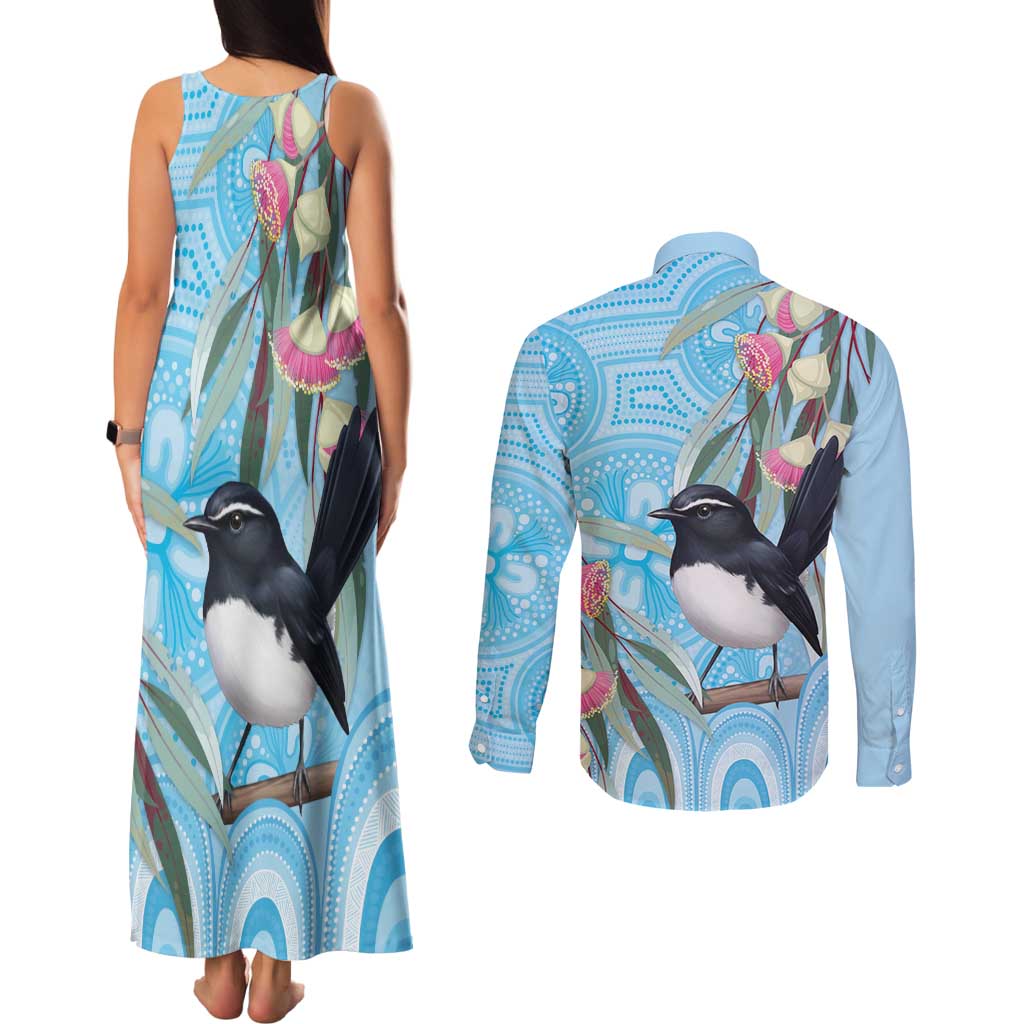 Willie wagtail Australia Couples Matching Tank Maxi Dress and Long Sleeve Button Shirt Eucalyptus Blossoms Aboriginal Art - Aussie Hoodie