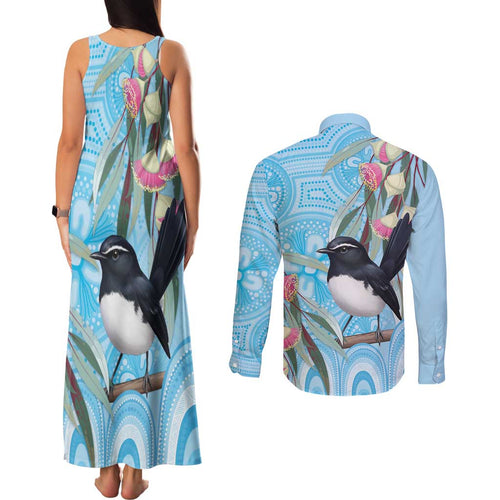 Willie wagtail Australia Couples Matching Tank Maxi Dress and Long Sleeve Button Shirt Eucalyptus Blossoms Aboriginal Art - Aussie Hoodie