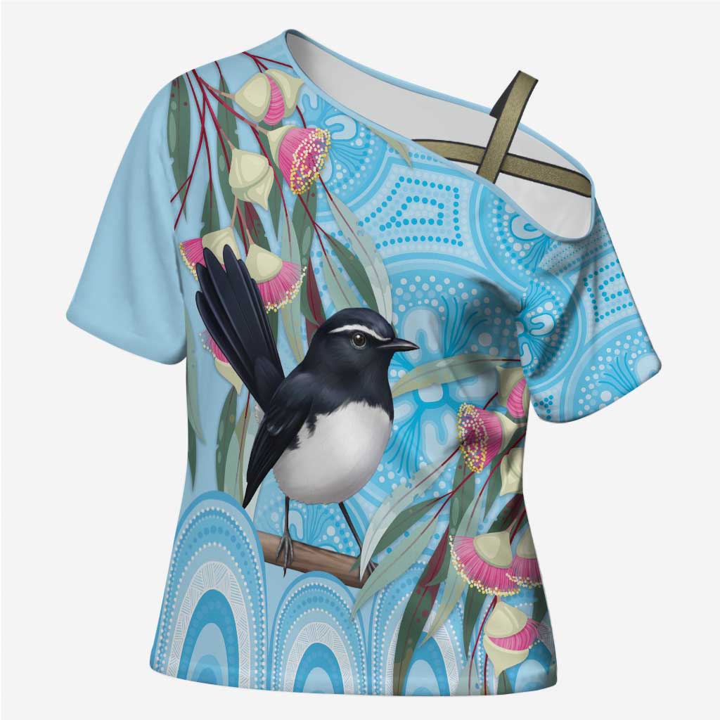 Willie wagtail Australia Cross Shoulder Shirt Eucalyptus Blossoms Aboriginal Art - Aussie Hoodie