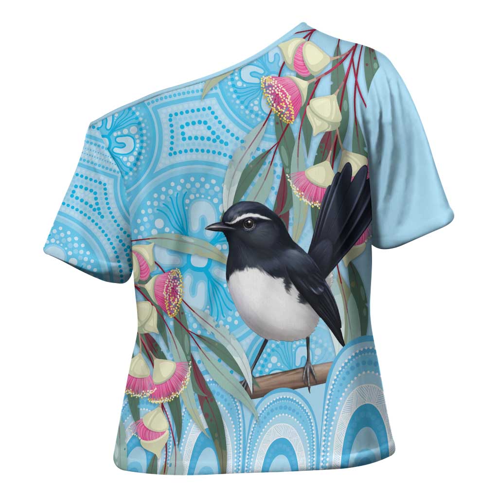 Willie wagtail Australia Cross Shoulder Shirt Eucalyptus Blossoms Aboriginal Art - Aussie Hoodie