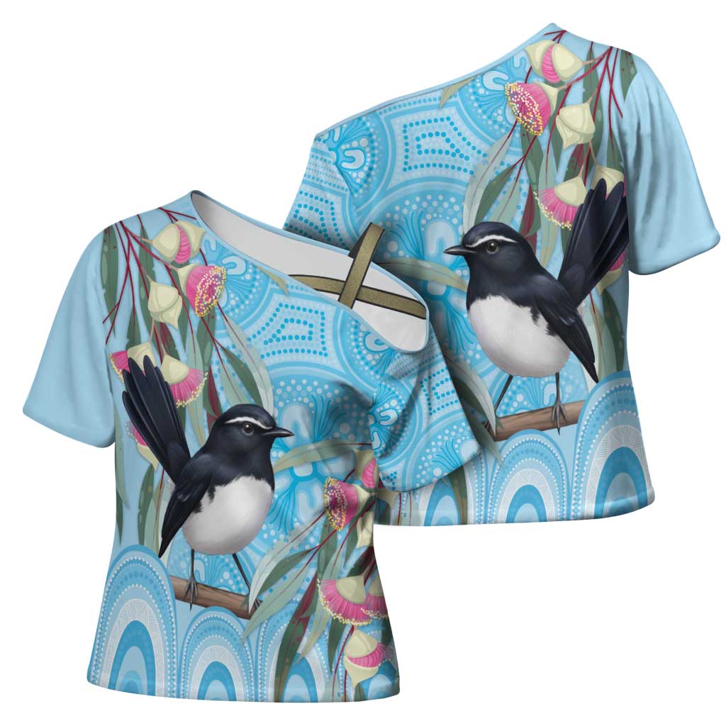 Willie wagtail Australia Cross Shoulder Shirt Eucalyptus Blossoms Aboriginal Art - Aussie Hoodie