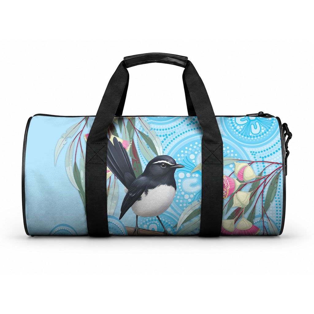 Willie wagtail Australia Duffle Bag Eucalyptus Blossoms Aboriginal Art
