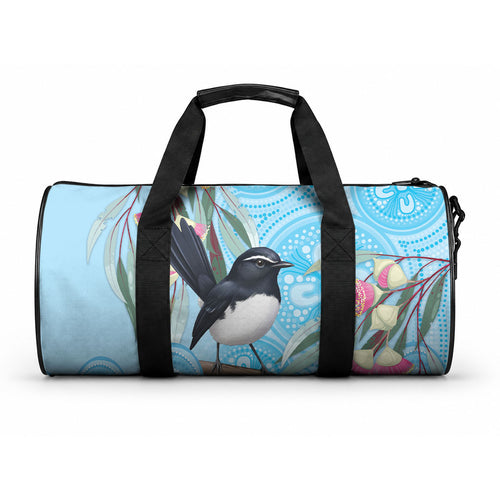 Willie wagtail Australia Duffle Bag Eucalyptus Blossoms Aboriginal Art